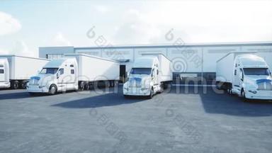 物流中心与白色3D模型的卡车。 物流、运输和商业概念。 真实电影4K
